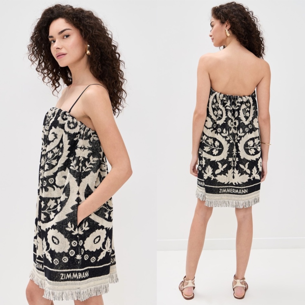 Zimmermann Rhiannon Fringed Terry Cloth Mini Dress Black Cream US 10 AU 3 NWT - Picture 3 of 17